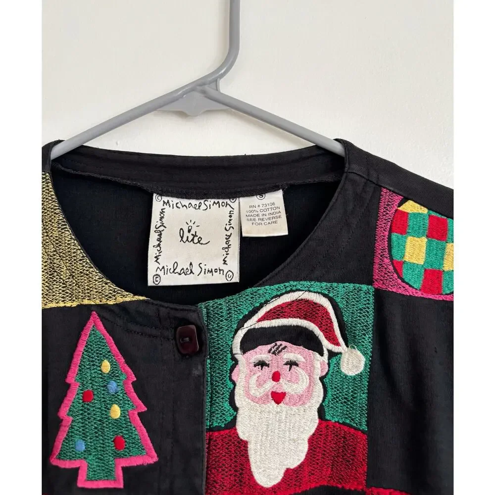 Black Red Vintage Michael Simon Christmas Patchwork Cardigan S